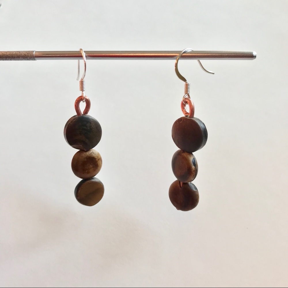 Brown horn, silver, copper earrings